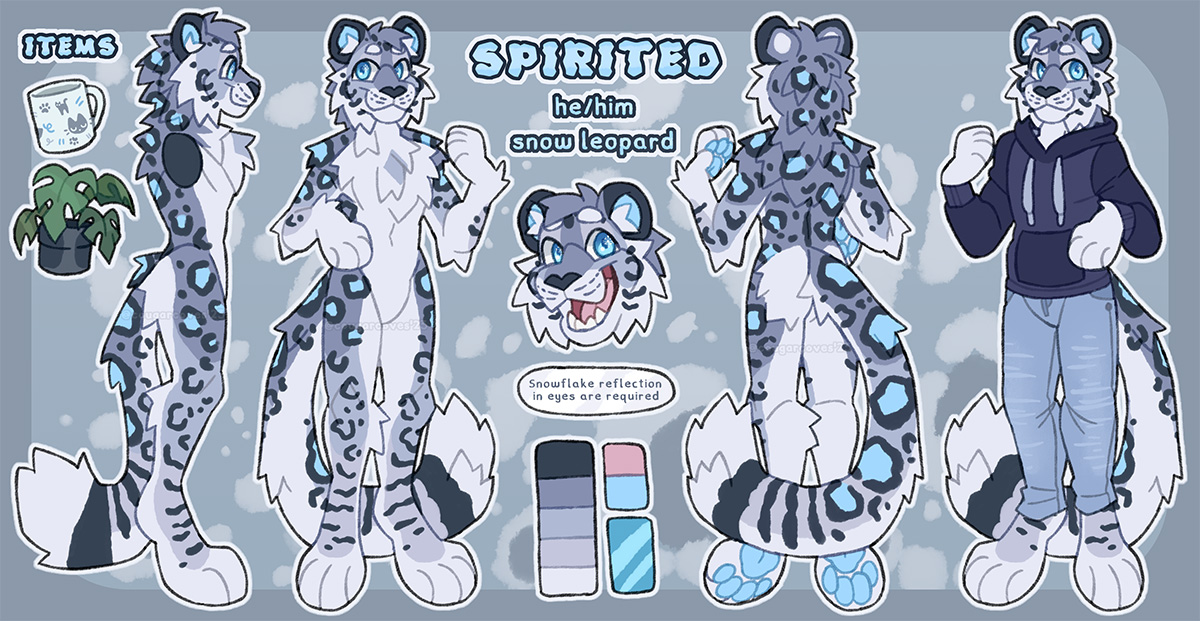 A picture of a three-point reference for Spirited. He's a snow leopard with a white, fluffy chest. His shoulders and back are a greyish cobalt with dark navy rosettes. Some rosettes are filled with a light blue. His eyes are light blue with reflections of snowflakes. His ears are filled with a sky light blue as well with white fluff. The tip of his tail is white, and his paw pads are the same light blue. A small patch of fur in the general shape of a diamond sits in the middle of his upper chest.